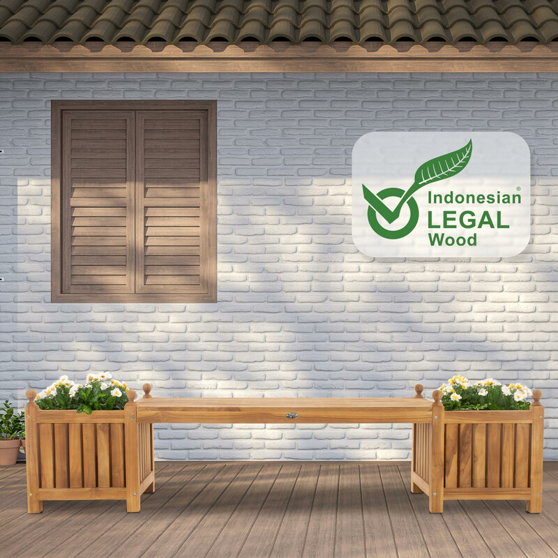 Stilfuld teak havebænk med to blomsterpotter udendørs holdbar