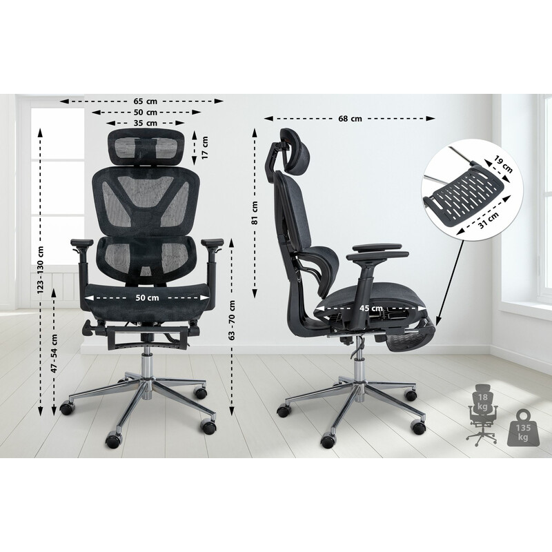 Ergonomisk kontorstol med justerbar nakkestøtte fodstøtte og 3D armlæn