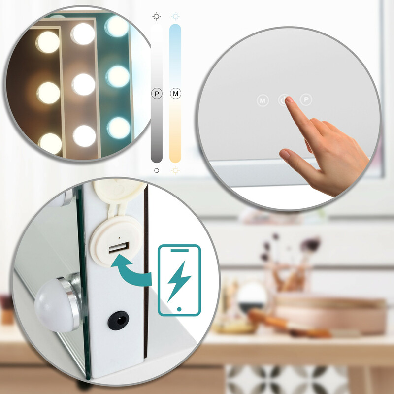 Marlene makeup spejl med 15 LED lys og USB port til badeværelse