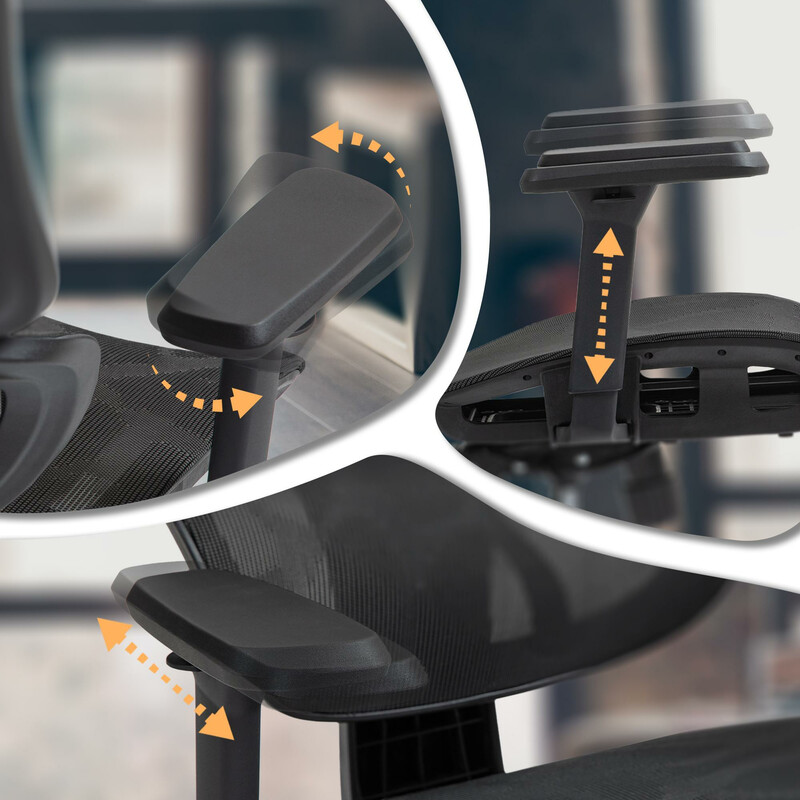 Ergonomisk kontorstol med justerbar nakkestøtte og netryg og 3D-armlehængere