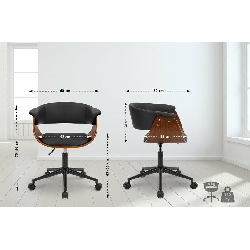 Elegant ergonomisk kontorstol i valnøddetræ med sort kunstlæder højdejusterbar 360 graders drejning