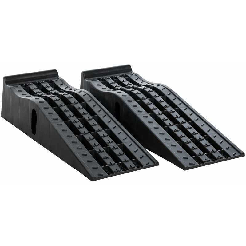 Sæt af to sorte vejramper og to gule hjulspærrer til bilvedligeholdelse