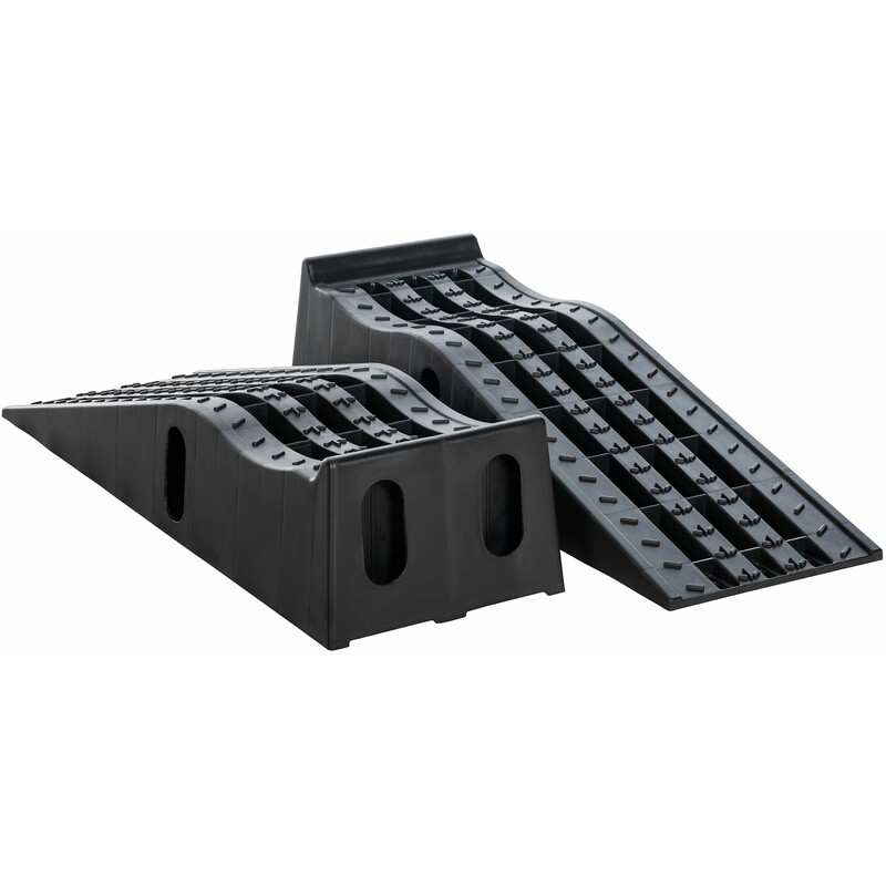 Sæt af to sorte vejramper og to gule hjulspærrer til bilvedligeholdelse