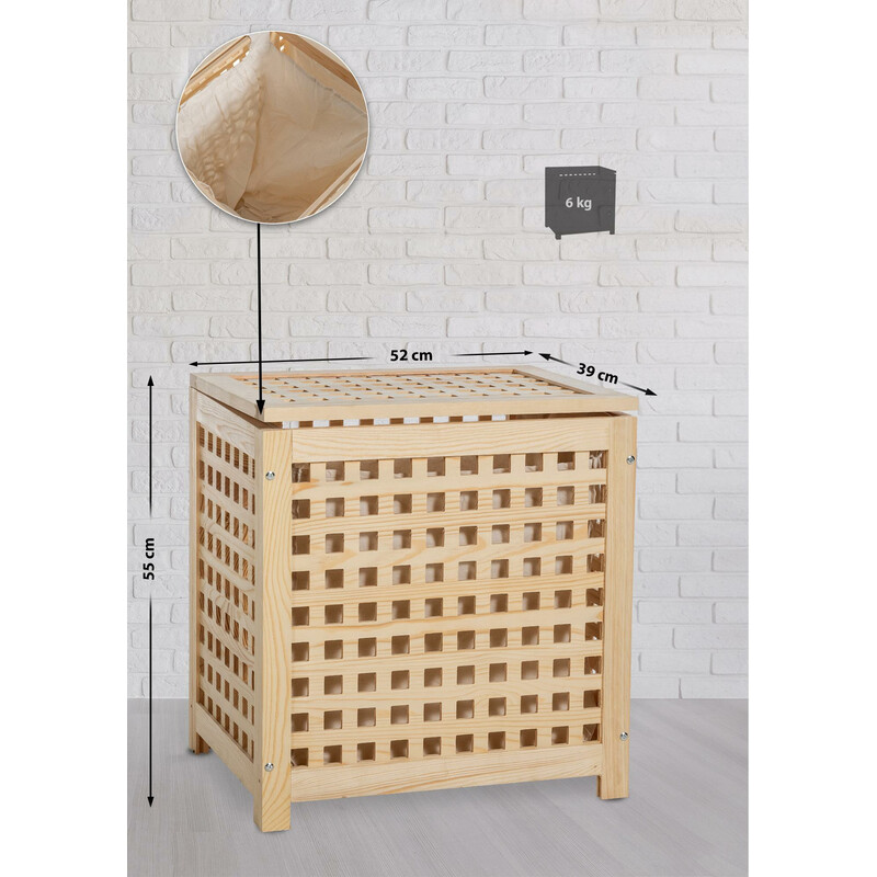 Stilfuld træ vasketøjskurv med aftagelig pose i tre størrelser