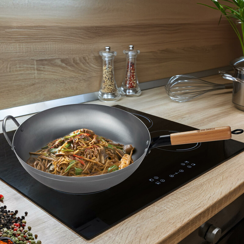 Kulstofstål wok-sæt med 34 cm flad og 36 cm rund pande