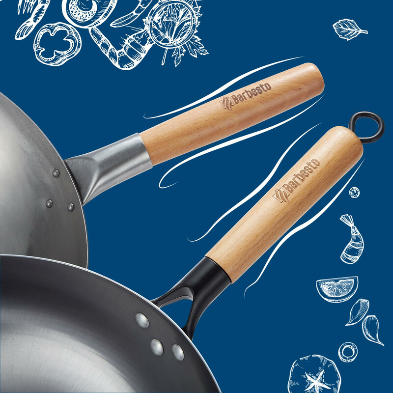 Kulstofstål wok-sæt med 34 cm flad og 36 cm rund pande