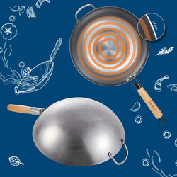 Kulstofstål wok-sæt med 34 cm flad og 36 cm rund pande