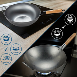 Kulstofstål wok-sæt med 34 cm flad og 36 cm rund pande