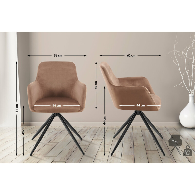 Olema fløjlsbelagt spisestol med drejbar sæde sort metalramme