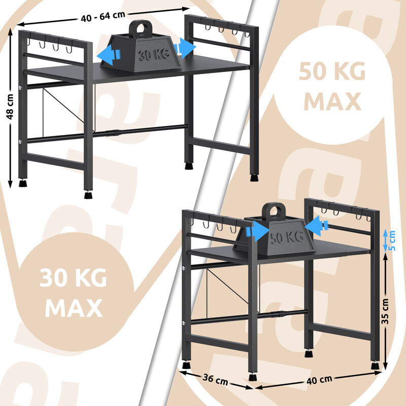 Marana justerbar mikrobølgeovnshylde 2‑3 niveau med justerbar bredde og kroge