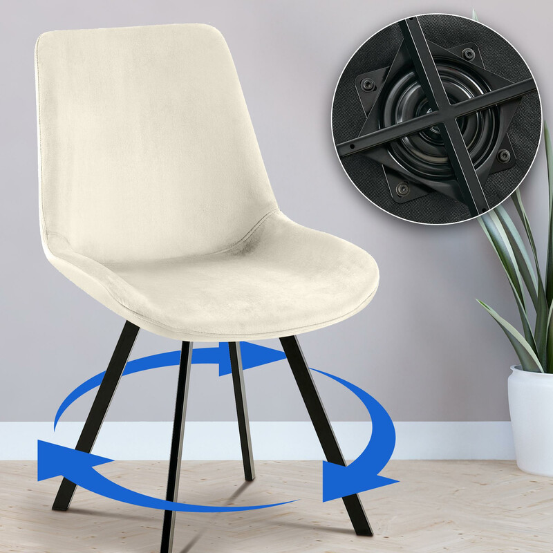 Elegant fløjlsbeklædt spisestol med drejelig sæde og metalramme