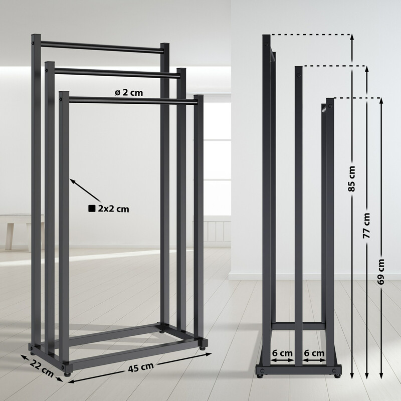 Anoka sort håndklædestativ med tre stænger fritstående kompakt badeværelse