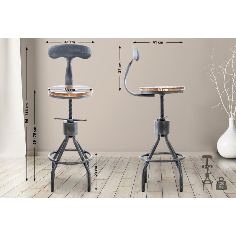 Justerbar industriel barstol med fyrretræs sæde metalryg og højdejustering