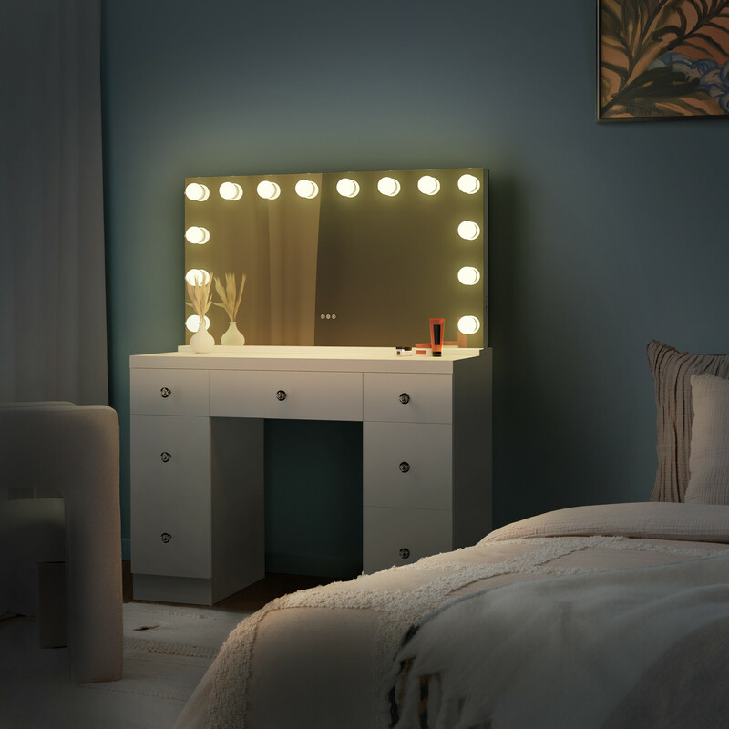 Elegant makeupbord med stort spejl LED-lys og USB-tilslutninger til soveværelset