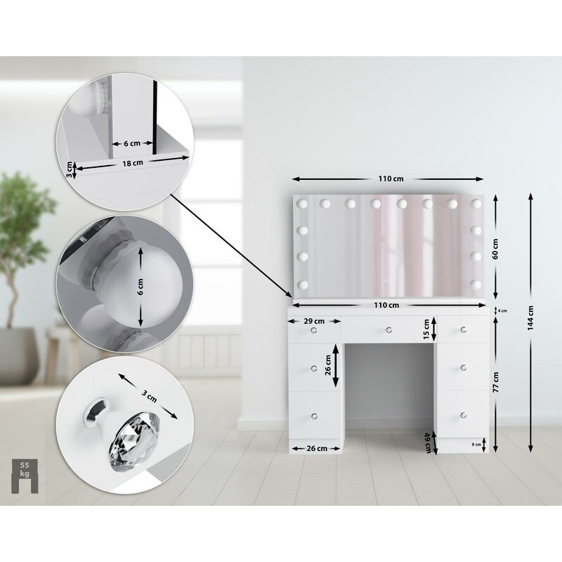 Elegant makeupbord med stort spejl LED-lys og USB-tilslutninger til soveværelset