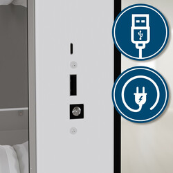 Moderne makeupbord med LED-lys, spejl, USB-porte og tre skuffer