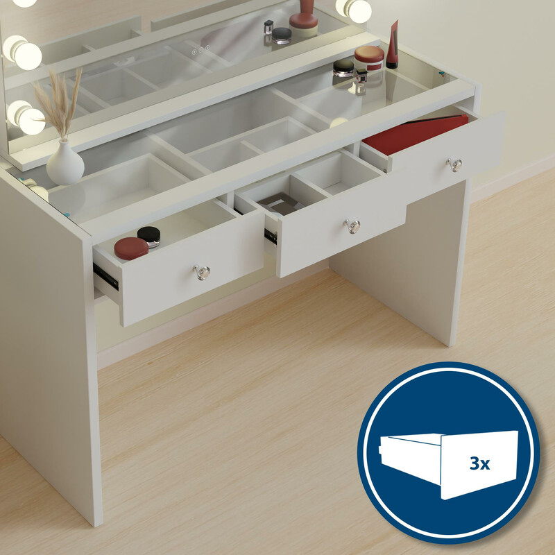 Moderne makeupbord med LED-lys, spejl, USB-porte og tre skuffer
