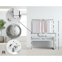 Moderne makeupbord med LED-lys, spejl, USB-porte og tre skuffer