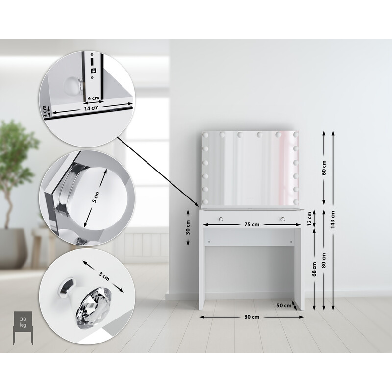 Moderne makeupbord med spejl 16 LED-lys USB-porte og glasplade