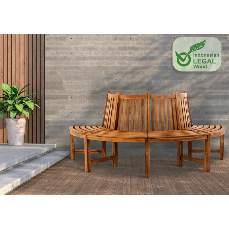 Stilfuld halvcirkel formet teakbænk til have og terrasse