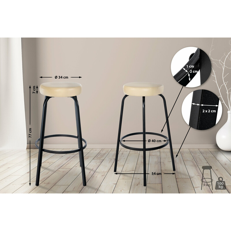 Elegant rund barstol med polstret sæde og mat sort metalben