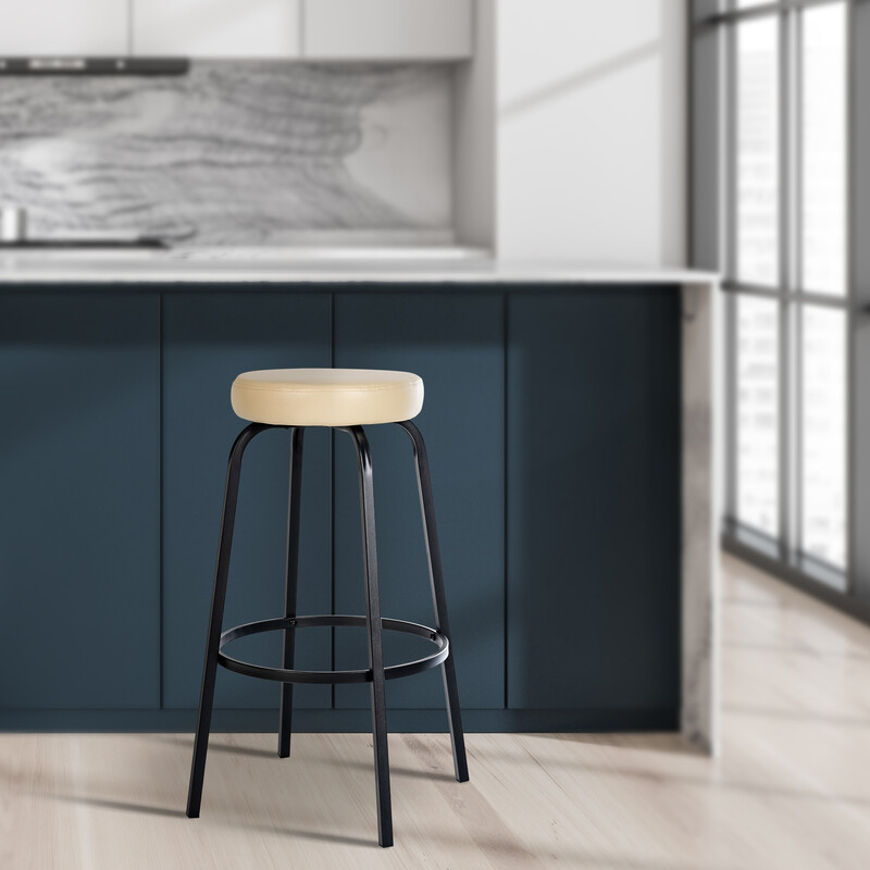 Elegant rund barstol med polstret sæde og mat sort metalben