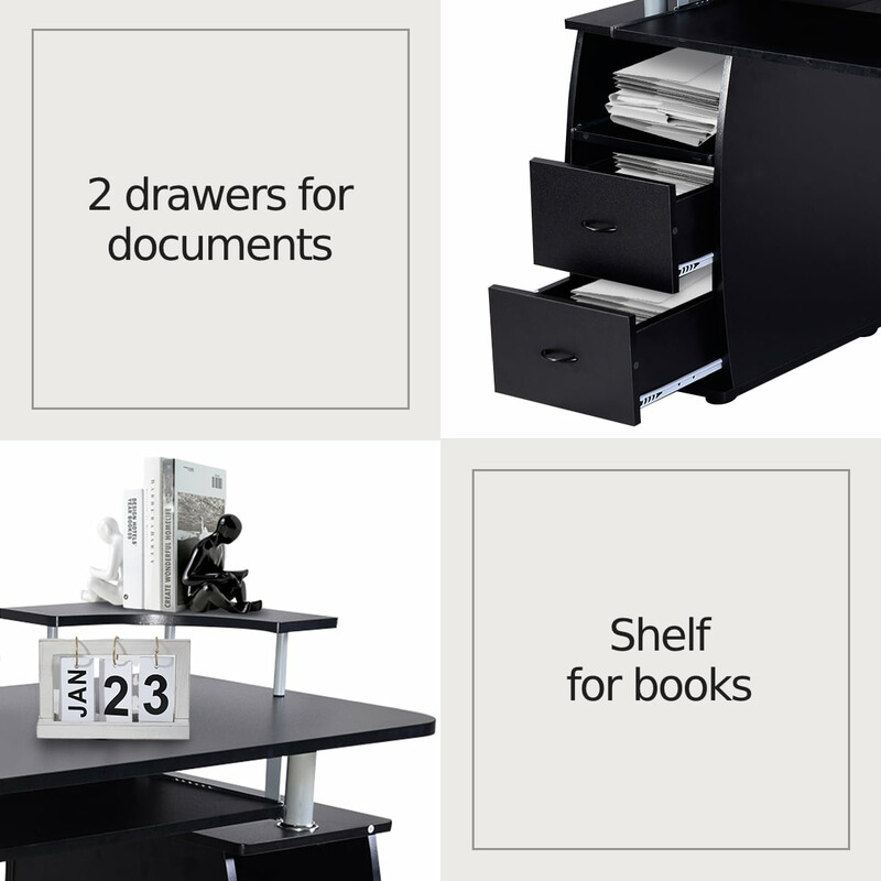 Sort skrivebord 120x55 cm MDF bordplade med tastatur og printerhylde