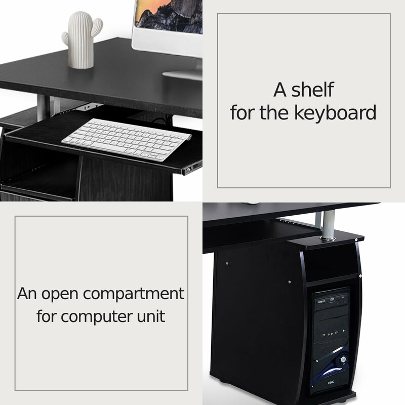 Sort skrivebord 120x55 cm MDF bordplade med tastatur og printerhylde