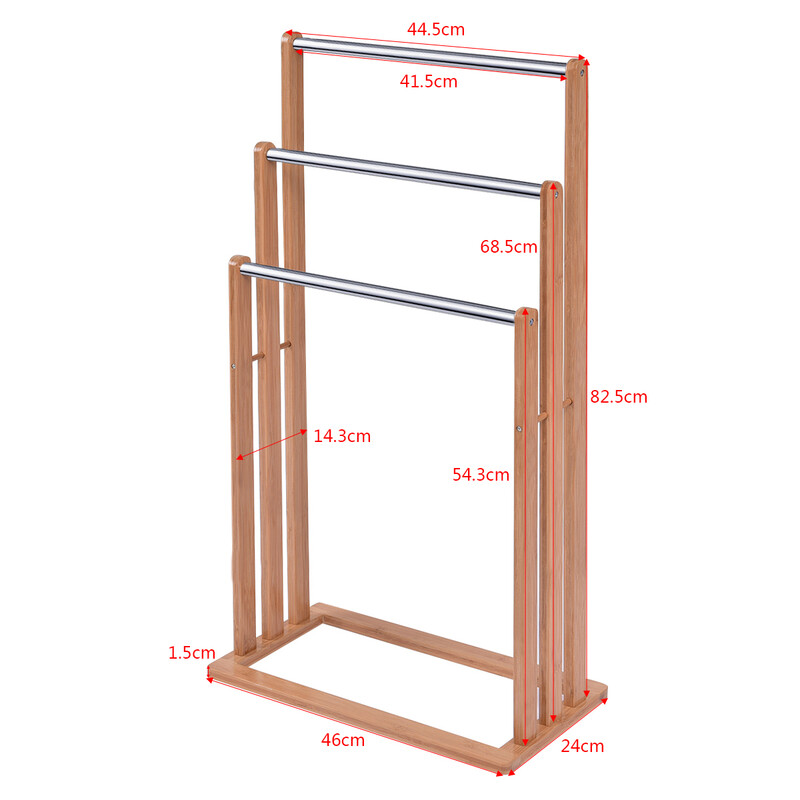 Stående bambus håndklædeholder med tre stænger 46x24x84 cm