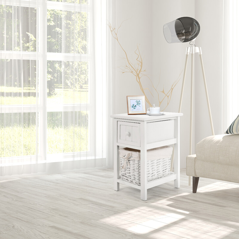 Sengebord i hvid paulowniatræ med kurv 3 niveau 28x31x45 cm