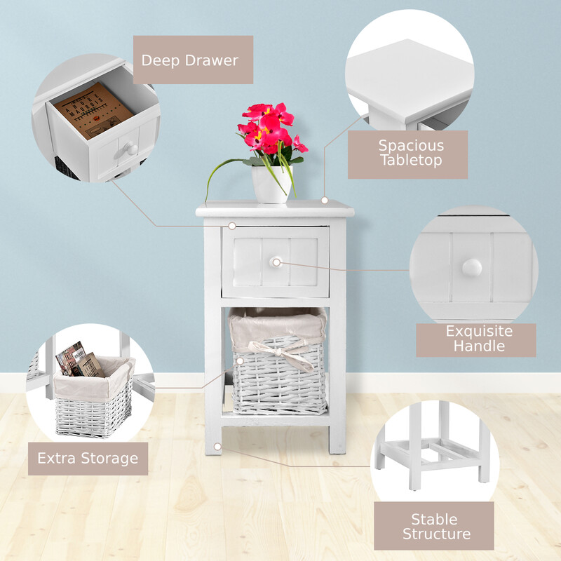 Sengebord i hvid paulowniatræ med kurv 3 niveau 28x31x45 cm