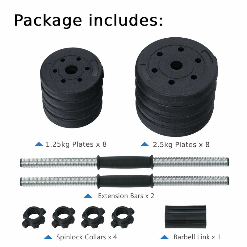 Hantelset 2-i-1 med stang 30 kg rustfri 2 stænger og 16 vægtskiver