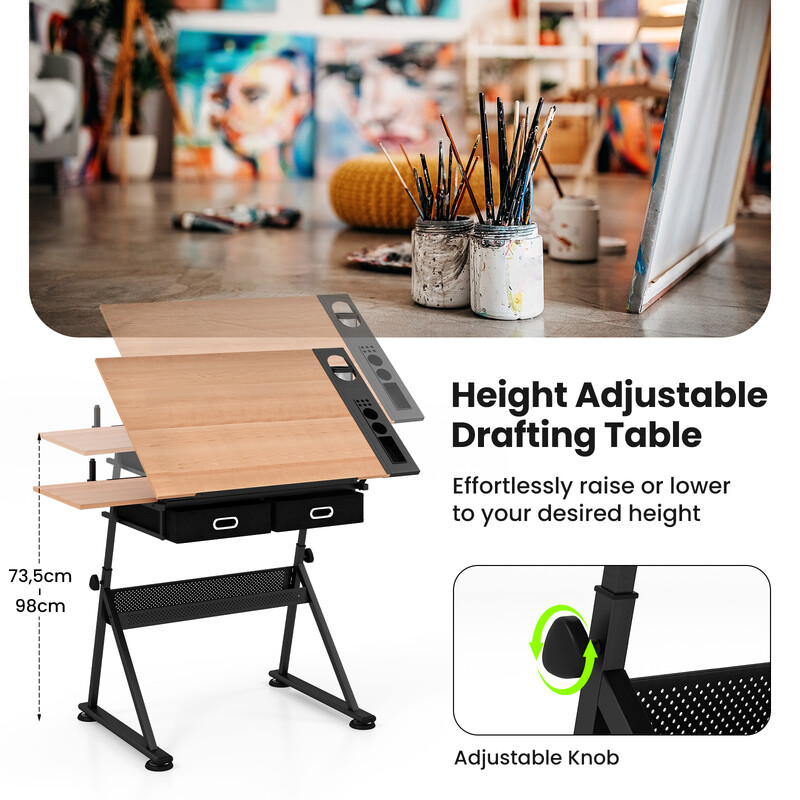 Ritbord justerbar højde 73-98 cm med opbevaring og hældbar bordplade