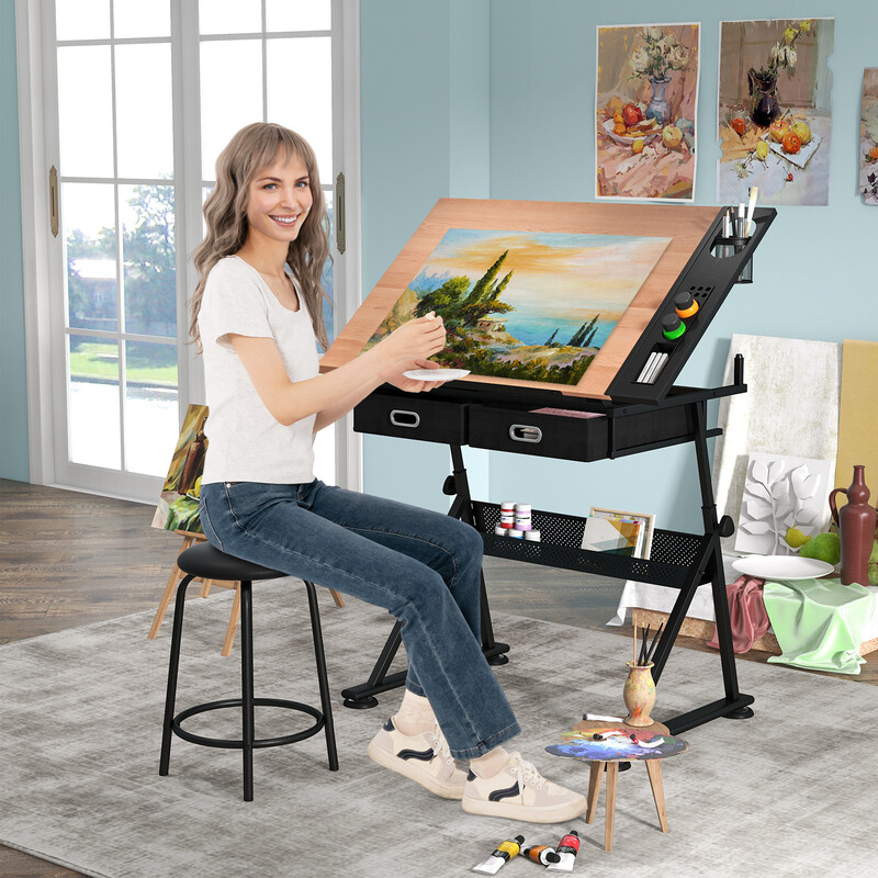 Ritbord justerbar højde 73-98 cm med opbevaring og hældbar bordplade