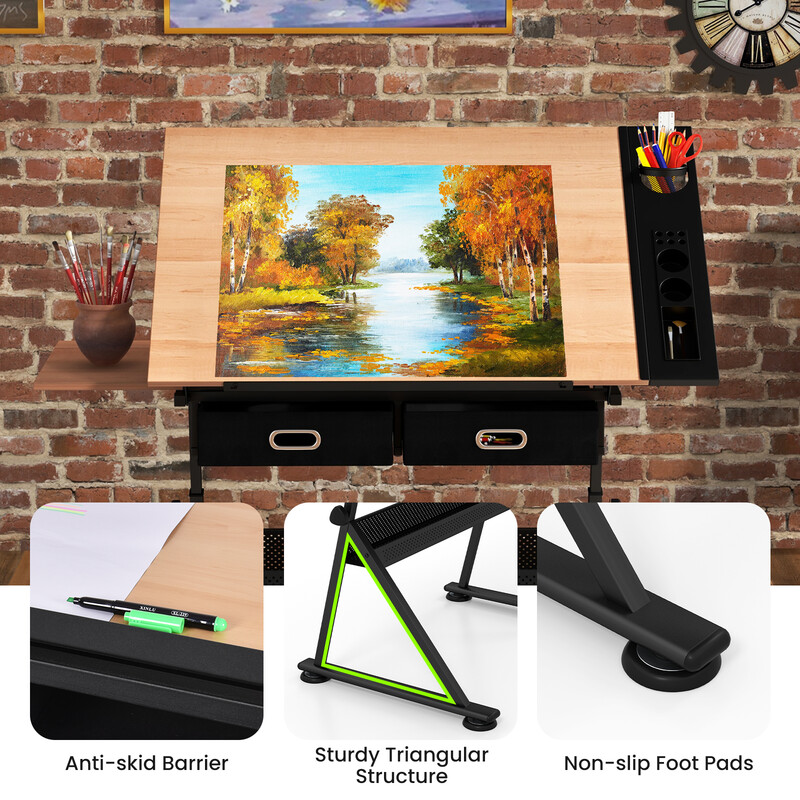 Ritbord justerbar højde 73-98 cm med opbevaring og hældbar bordplade