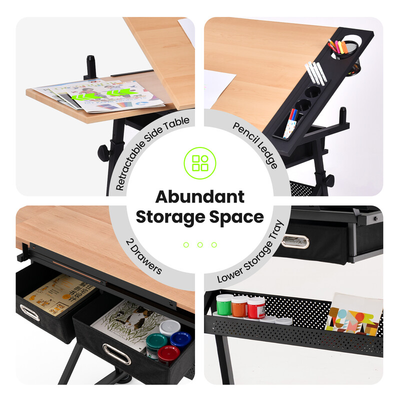 Ritbord justerbar højde 73-98 cm med opbevaring og hældbar bordplade
