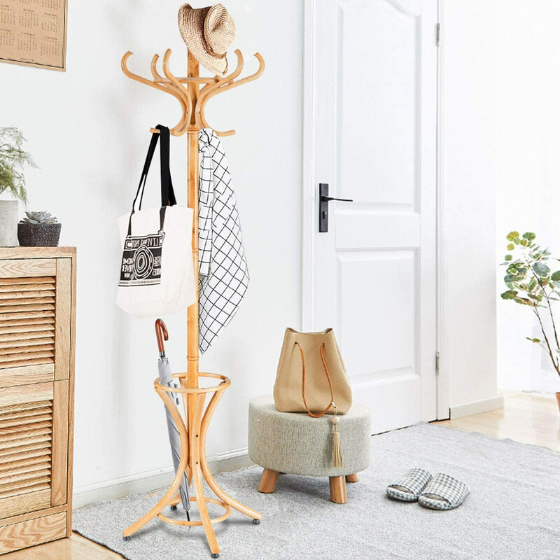 Tøjholder i hvid birk med 12 poppelkroge og paraplyholder 51x51x184 cm