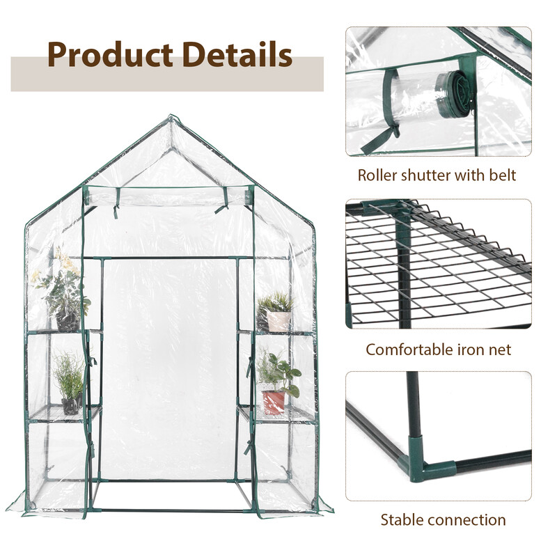 Kompakt væksthus med PVC-skjold jernram metalhylder 143x73x195 cm