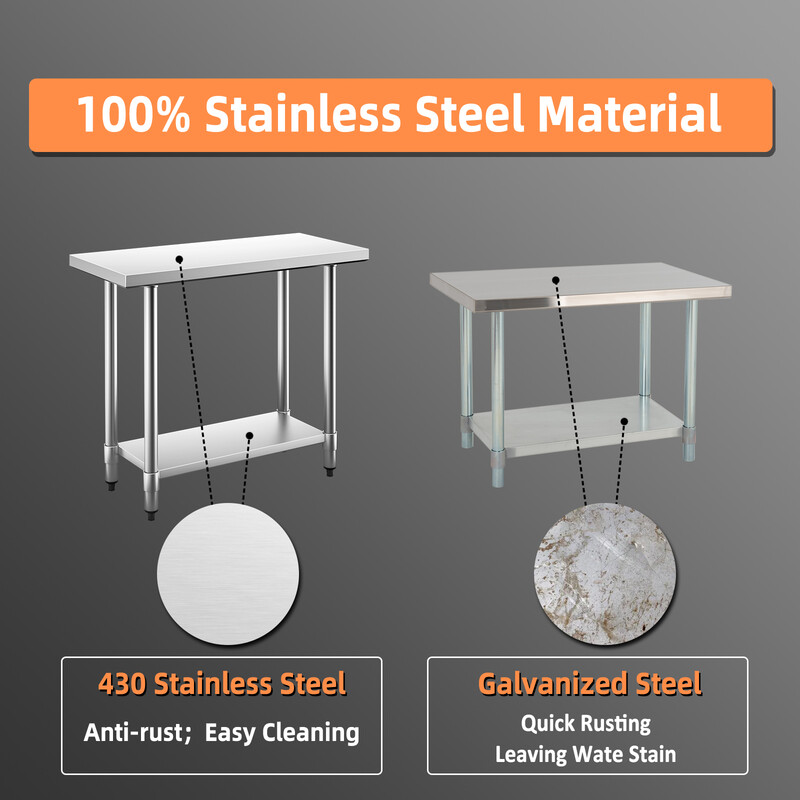 Arbejdsbord i rustfrit stål 92 x 61 x 90 cm med mellemhylde