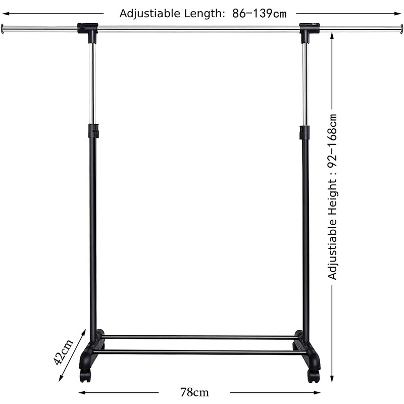 Klædestativ stål plast justerbar 84‑140 cm 92‑170 cm med hjul og hylde