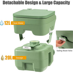 Bærbar campingtoilet HDPE 20 l affaldstank 12 l vandtank grøn