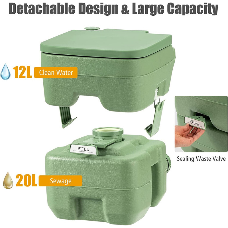 Bærbar campingtoilet HDPE 20 l affaldstank 12 l vandtank grøn