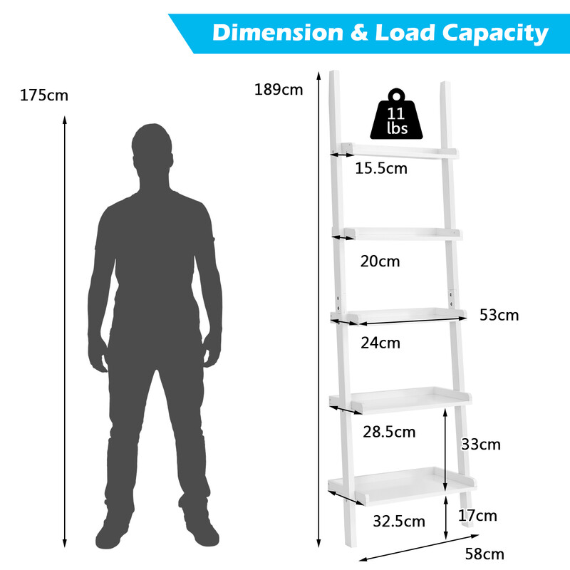Vægshylde i hvidt træ med fem hylder 56x32