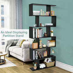 Boghylde S‑formet sort spånplade 80x23x191 cm med 6 hylder