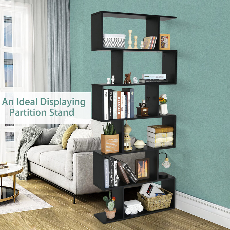 Boghylde S‑formet sort spånplade 80x23x191 cm med 6 hylder