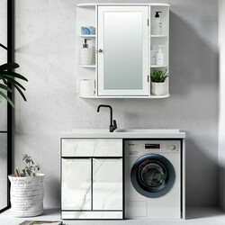 Badeværelsesskab hvid MDF med spejl og hylder 65x17x63 cm