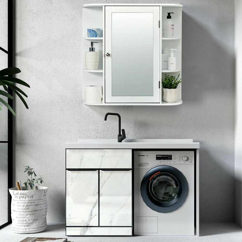 Badeværelsesskab hvid MDF med spejl og hylder 65x17x63 cm