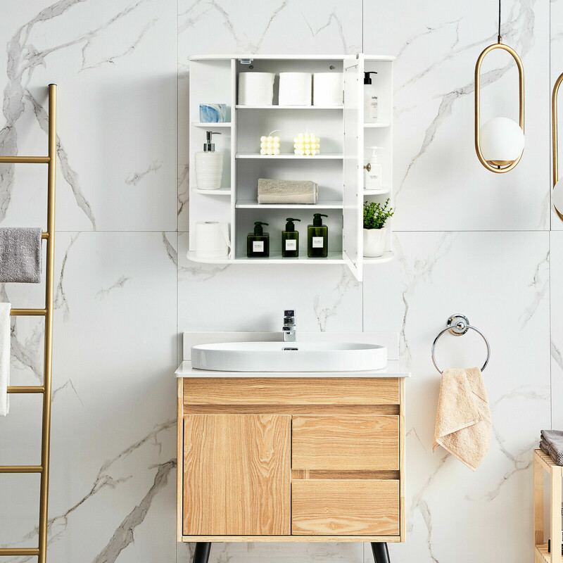 Badeværelsesskab hvid MDF med spejl og hylder 65x17x63 cm