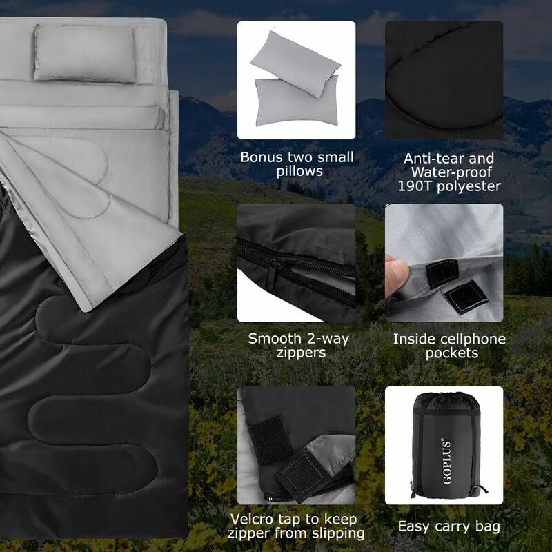 Dobbelt sovepose polyester sort 220x150 cm med 2 puder til to personer