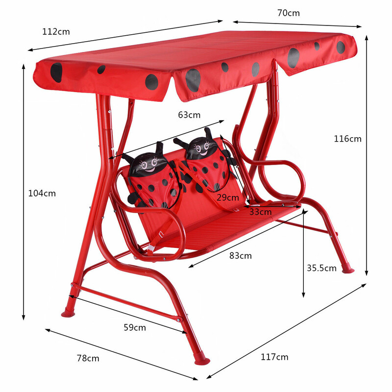 Rød børnehavegyngestol i Oxford‑stof med justerbart solskærm 83 cm bred